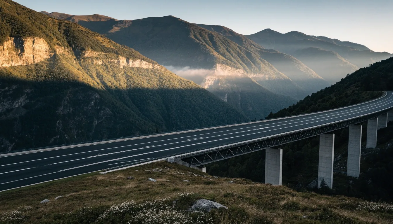 Autobahnbrücke über ein weites Tal in Österreich am frühen Morgen, Nebel zwischen bewaldeten Hügeln