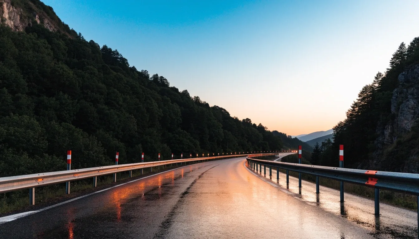 Nasse Bundesstraße in Österreich bei Dämmerung, Rücklichter entfernter Fahrzeuge und bewaldete Hügel im Hintergrund