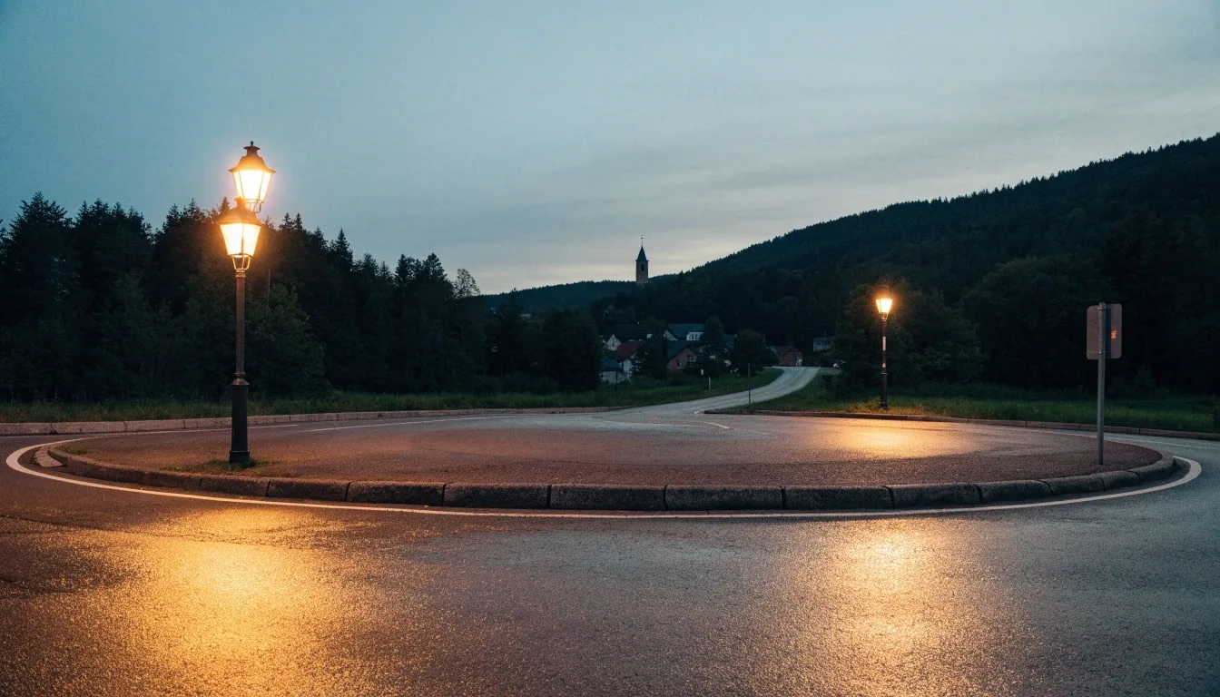 Ruhiger Kreisverkehr bei einem österreichischen Ort am Abend, Straßenlaternen und bewaldete Hügel im Hintergrund