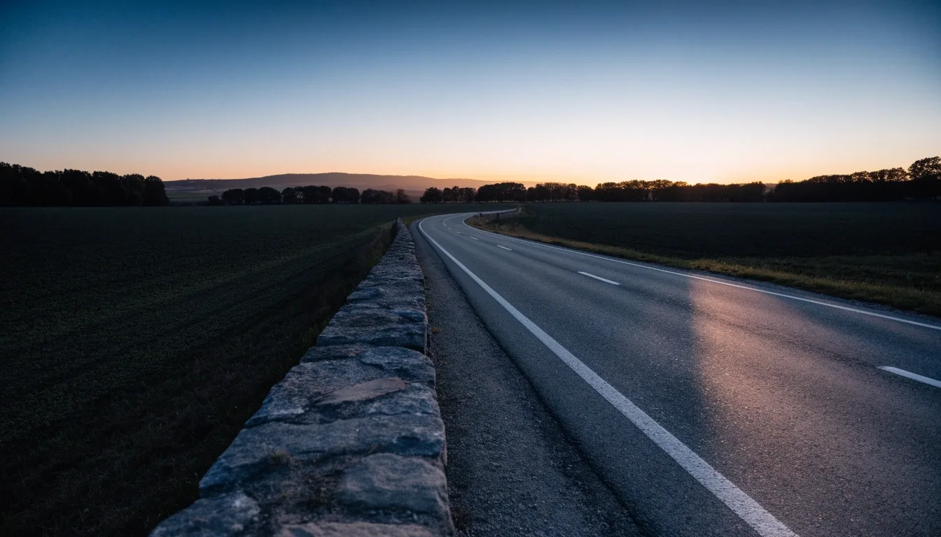 Leere Landstraße in Österreich am späten Abend