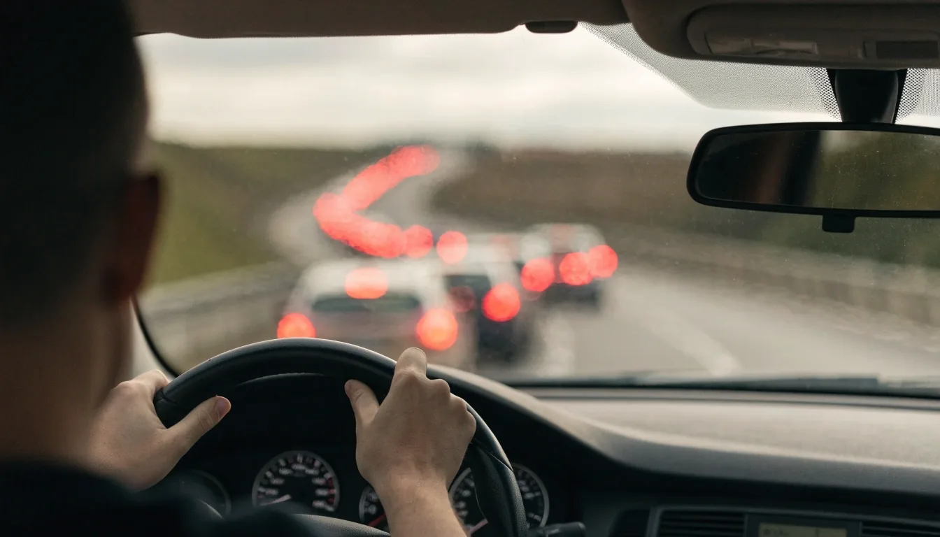 Stockender Verkehr auf einer österreichischen Autobahn bei trübem Nachmittagslicht