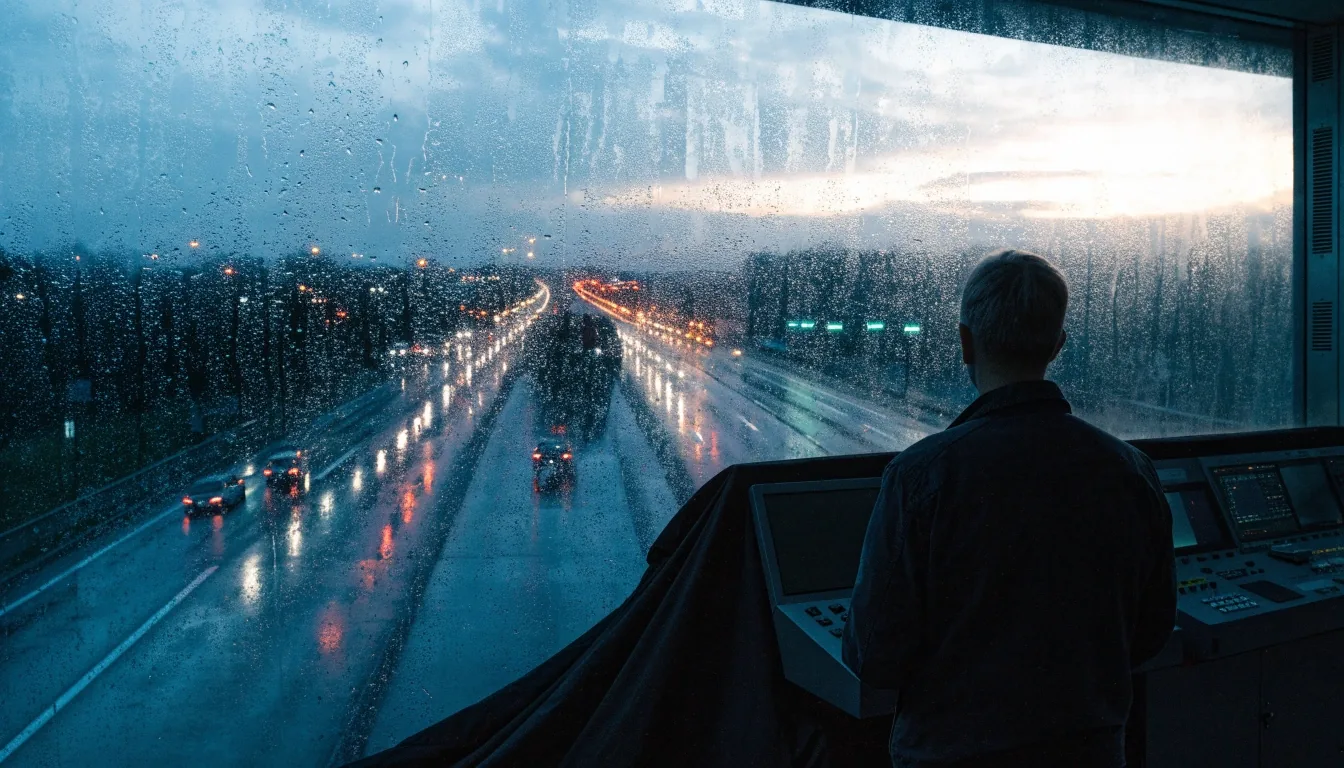 Verkehrsleitstelle am Abend mit Blick auf eine nasse Autobahn