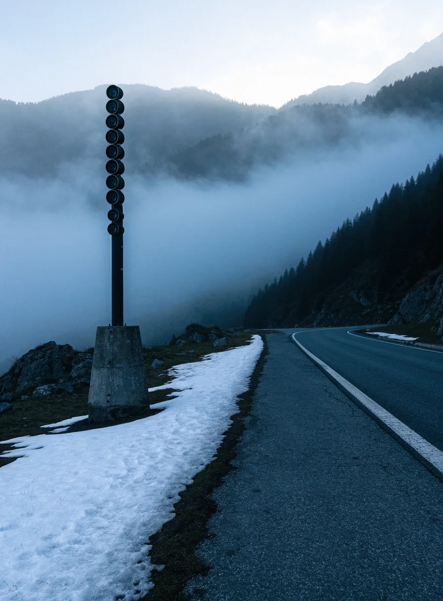 Webcam-Mast an einem Rastplatz auf einer Passstraße im Morgennebel