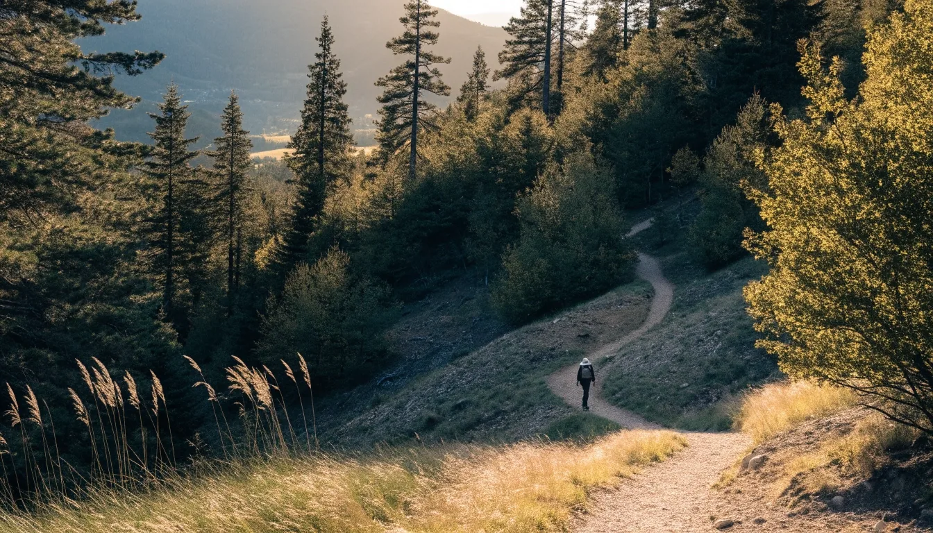 Wanderweg vor einer Wegkreuzung im Wald mit Talblick in Österreich