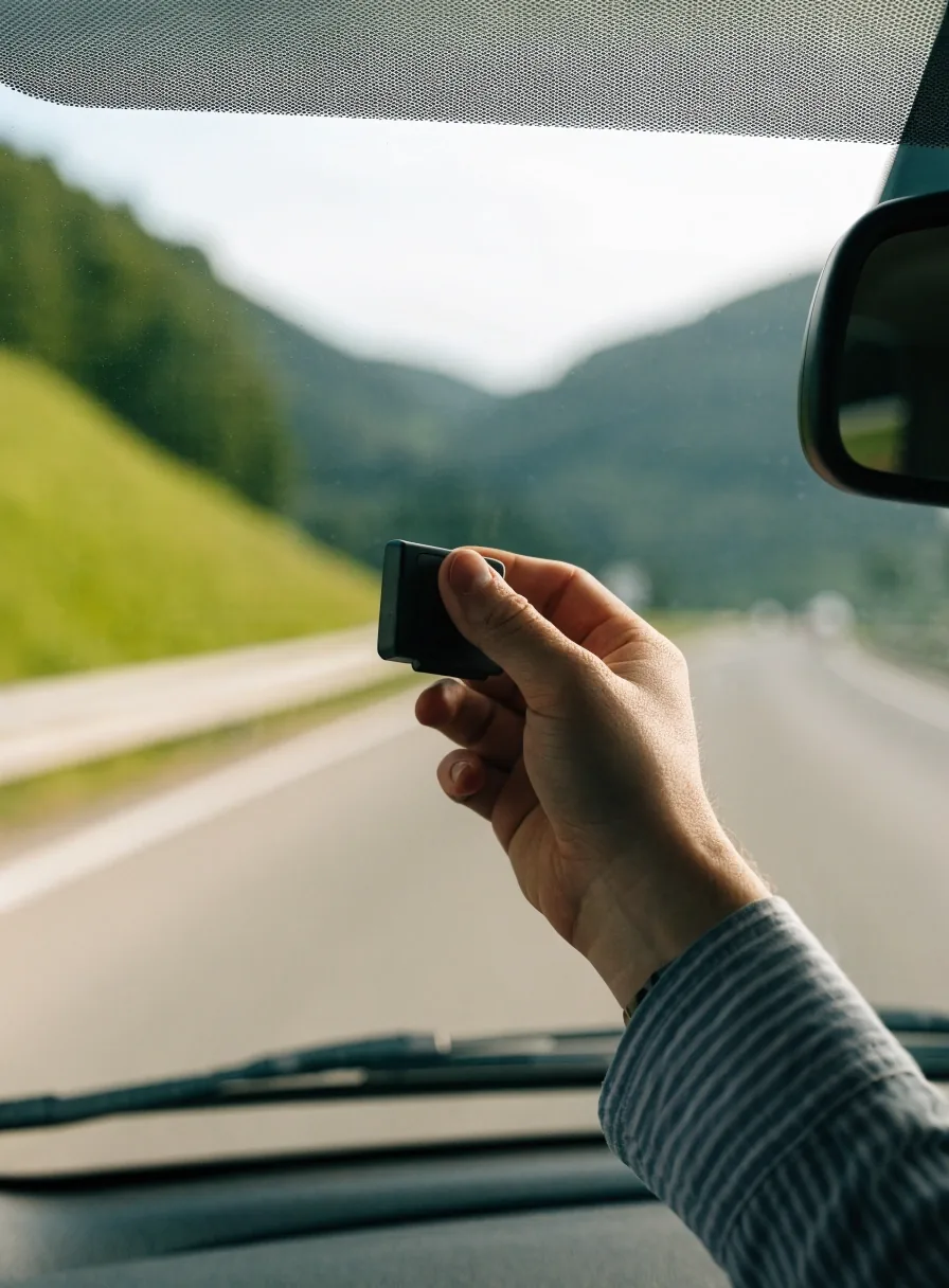 Nahaufnahme eines Navigationsgeräts im Fahrzeug auf einer österreichischen Straße