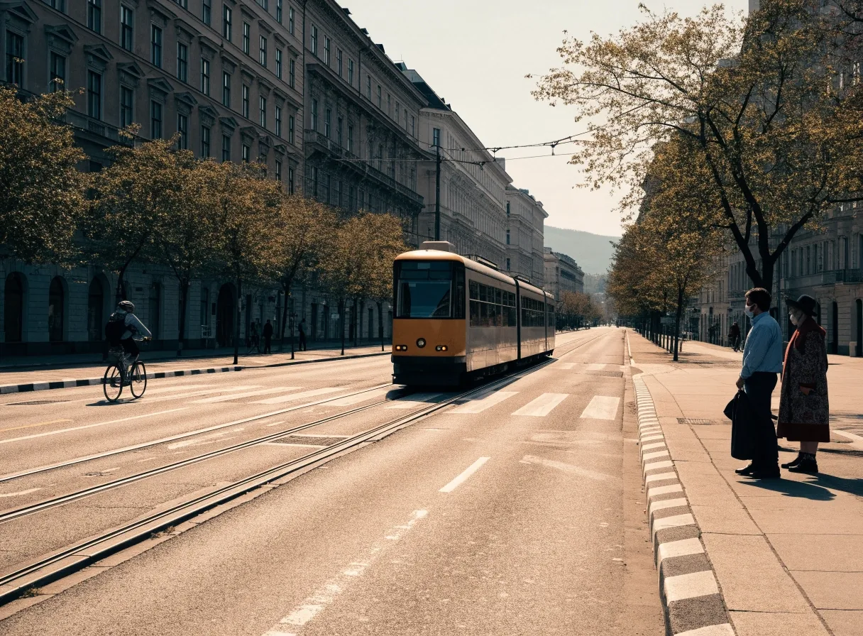 Straßenbahn an einer Wiener Kreuzung mit Passanten und einem Radfahrer