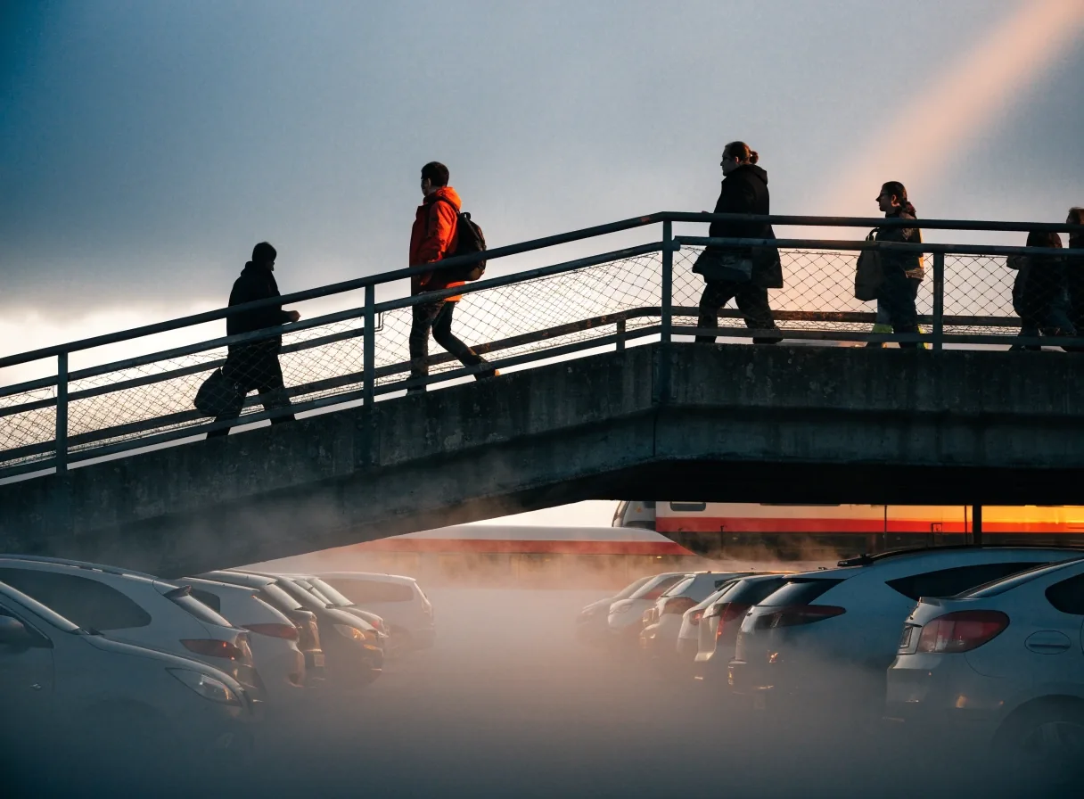 Park-and-Ride-Platz am Stadtrand am frühen Morgen, Fußbrücke zum Bahnsteig