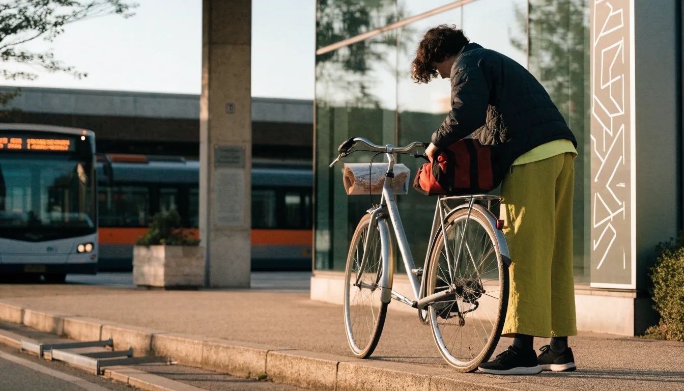 Radfahrerin mit Gepäcktasche am Fahrradständer vor dem Eingang eines Bahnhofs, Bus und Bahn an den Steigen