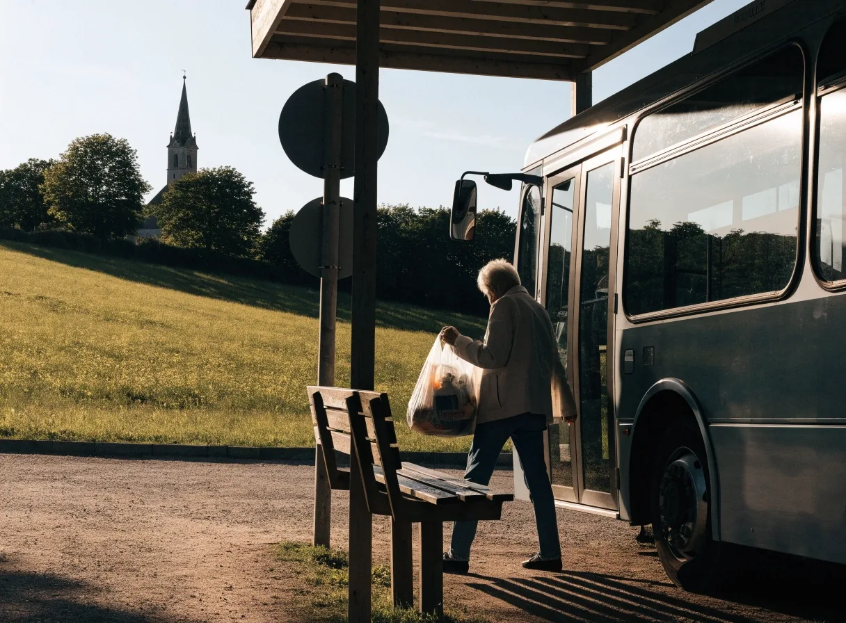 Regionalbus an einer ländlichen Haltestelle am späten Nachmittag, Fahrgast beim Einsteigen