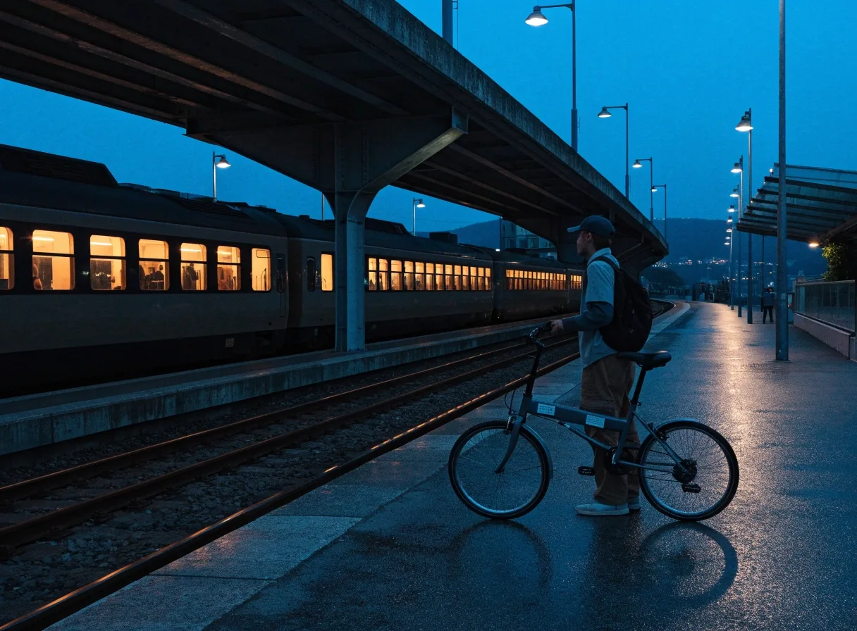 Reisende mit Faltrad auf einem Regionalbahnsteig am Abend, einfahrender Zug mit warmem Licht