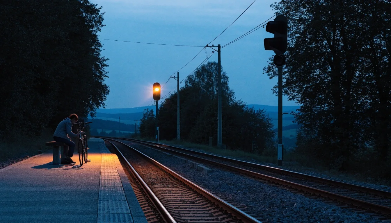 Ruhiger Bahnhof in der Abenddämmerung, Gleise zwischen dunklen Bäumen, warmes Signallicht