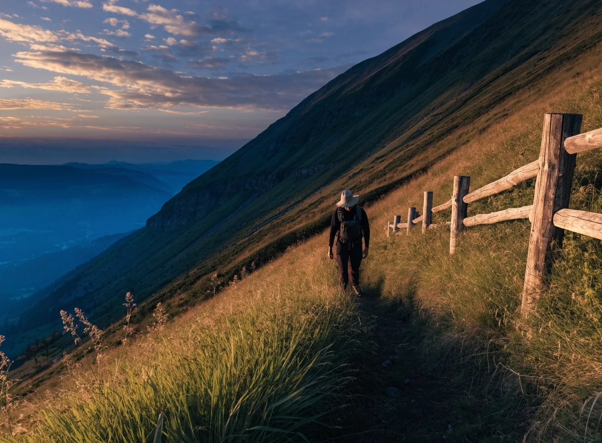 Abendblick von einer Bergwiese ins Tal, markierter Wanderweg führt sanft abwärts durch hohes Gras
