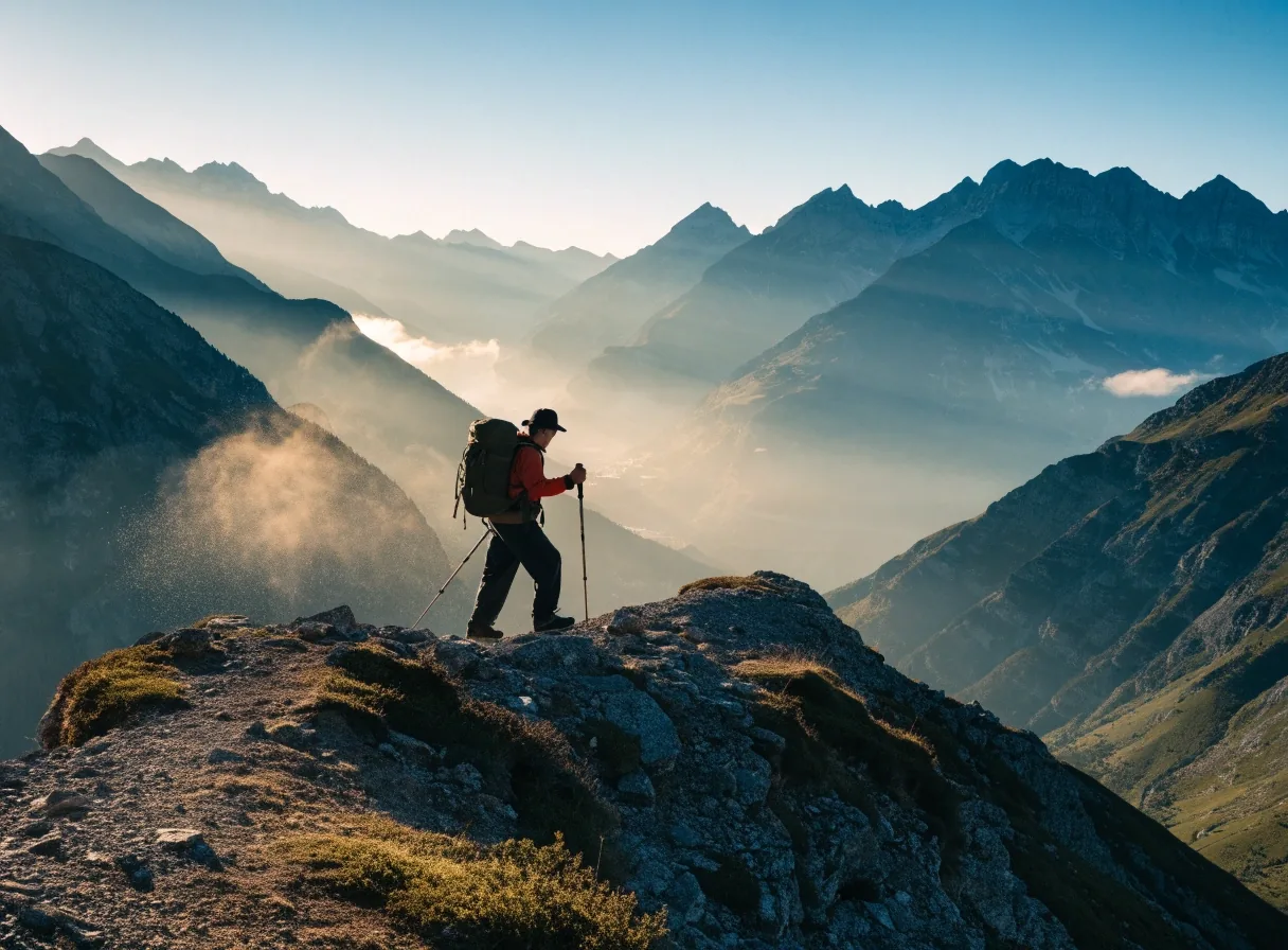 Wanderin mit Rucksack auf einem Schotterrücken in den österreichischen Alpen am frühen Morgen, Blick über gestaffelte Bergsilhouetten und ein nebliges Tal