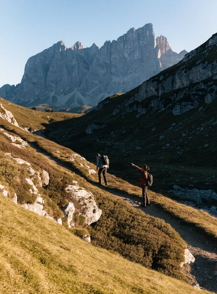 Zwei Wanderer auf einem schmalen Almweg mit sichtbarem Höhenunterschied, einer zeigt auf einen entfernten Gipfelgrat