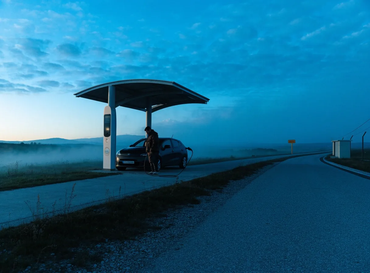 E-Ladestation an einer österreichischen Autobahnraststätte am frühen Morgen