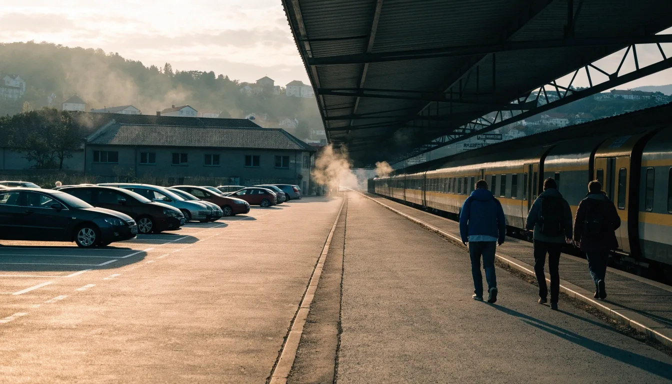 Park-and-Ride-Platz neben einem österreichischen Bahnhof am frühen Morgen