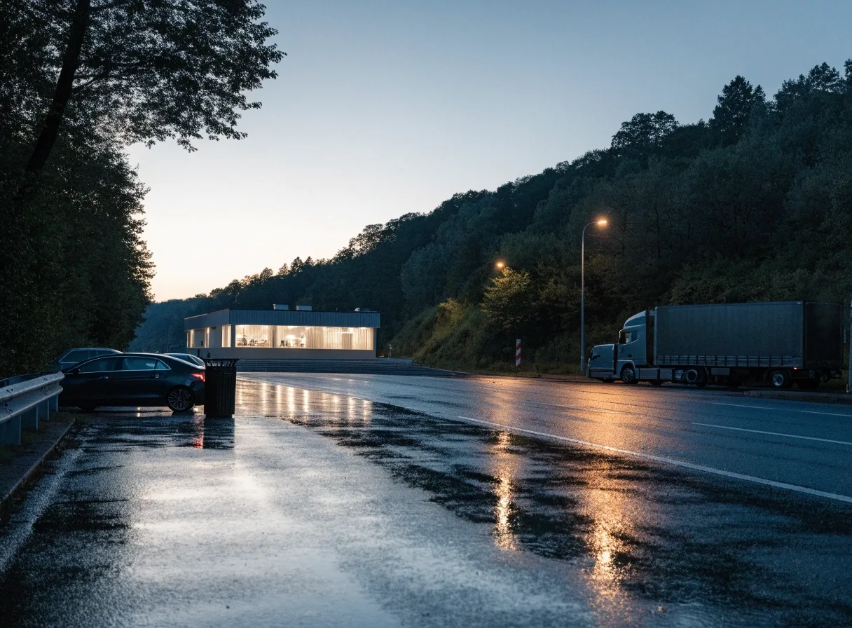 Rastplatz an einer österreichischen Autobahn in der Abenddämmerung mit beleuchtetem Servicegebäude und geparkten Fahrzeugen