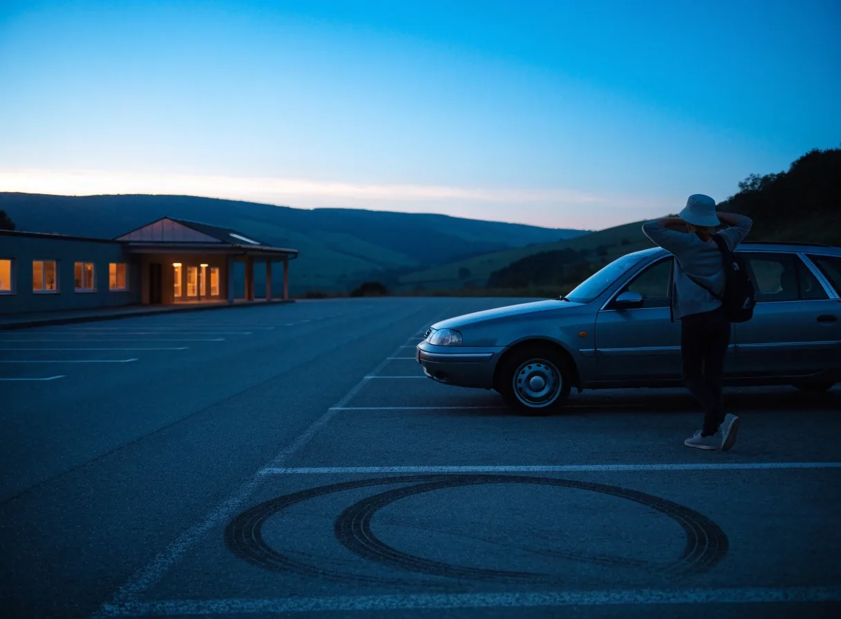 Rastplatz an einer österreichischen Autobahn in der blauen Stunde nach Sonnenuntergang