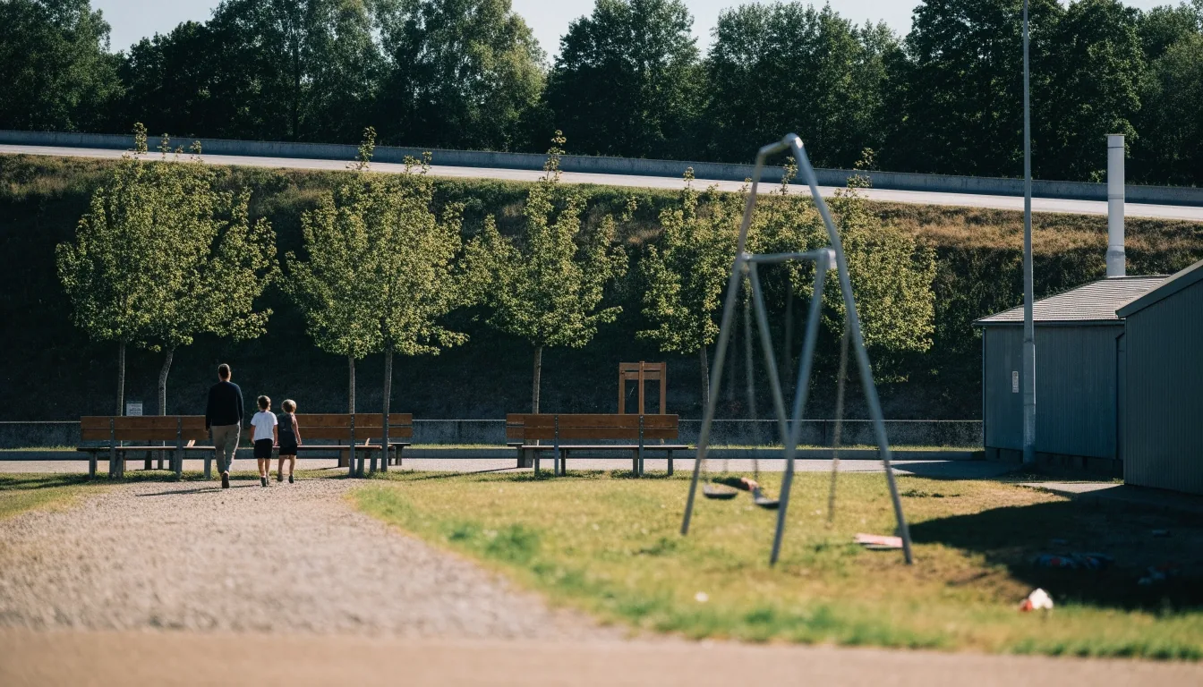Rastplatz mit Sitzbänken und Spielplatz an einer österreichischen Autobahn