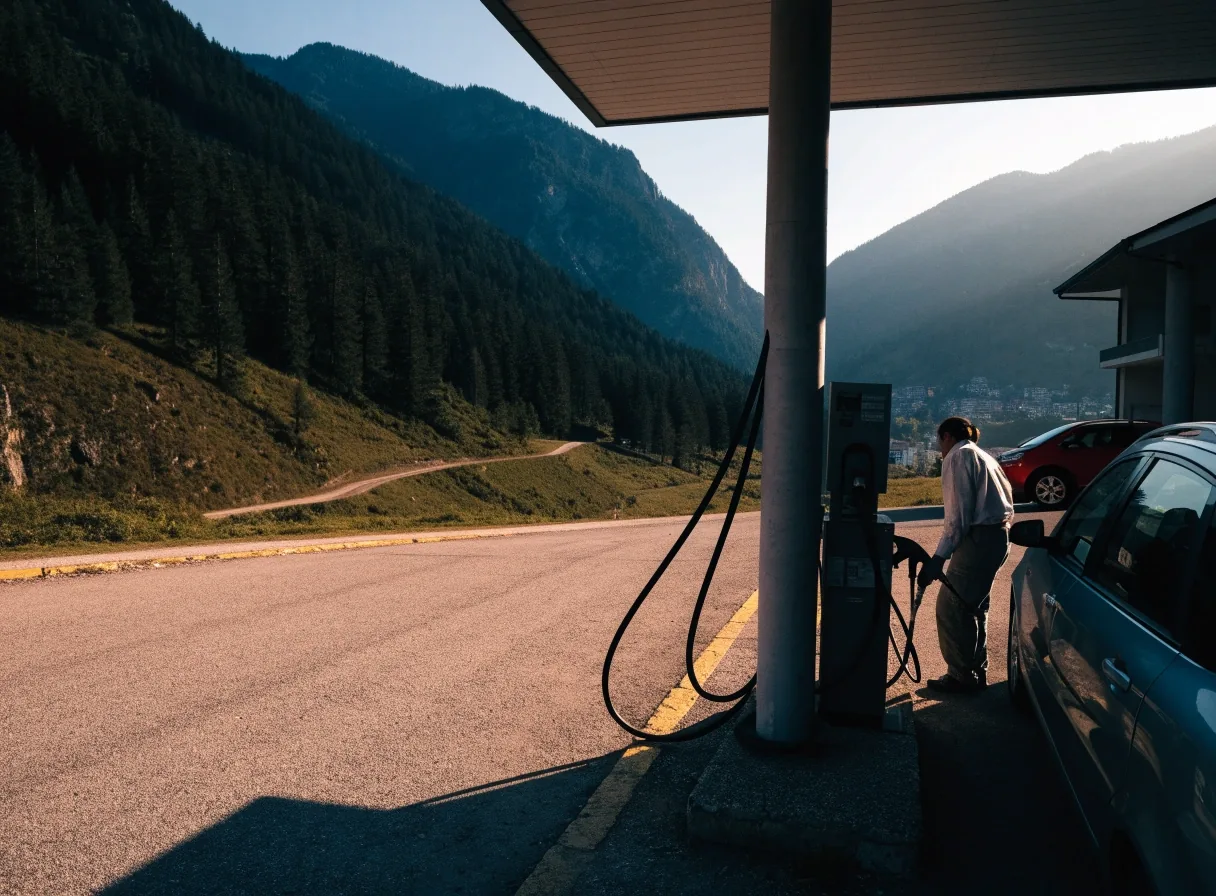 Tankstelle an einer Landstraße im österreichischen Berggebiet am späten Nachmittag