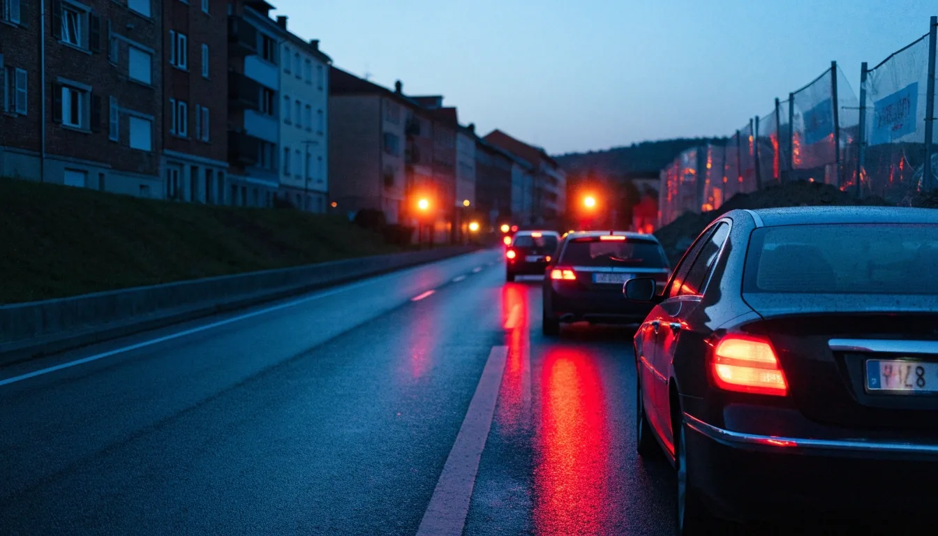 Abendliche Bundesstraße mit stockendem Verkehr vor einer Baustelle