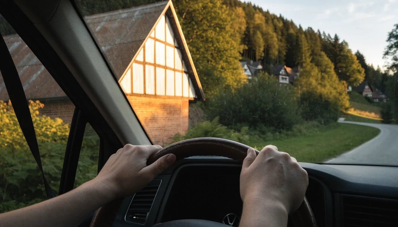 Hände am Lenkrad eines geparkten Autos mit Blick auf ein Bergdorf in der Abendsonne