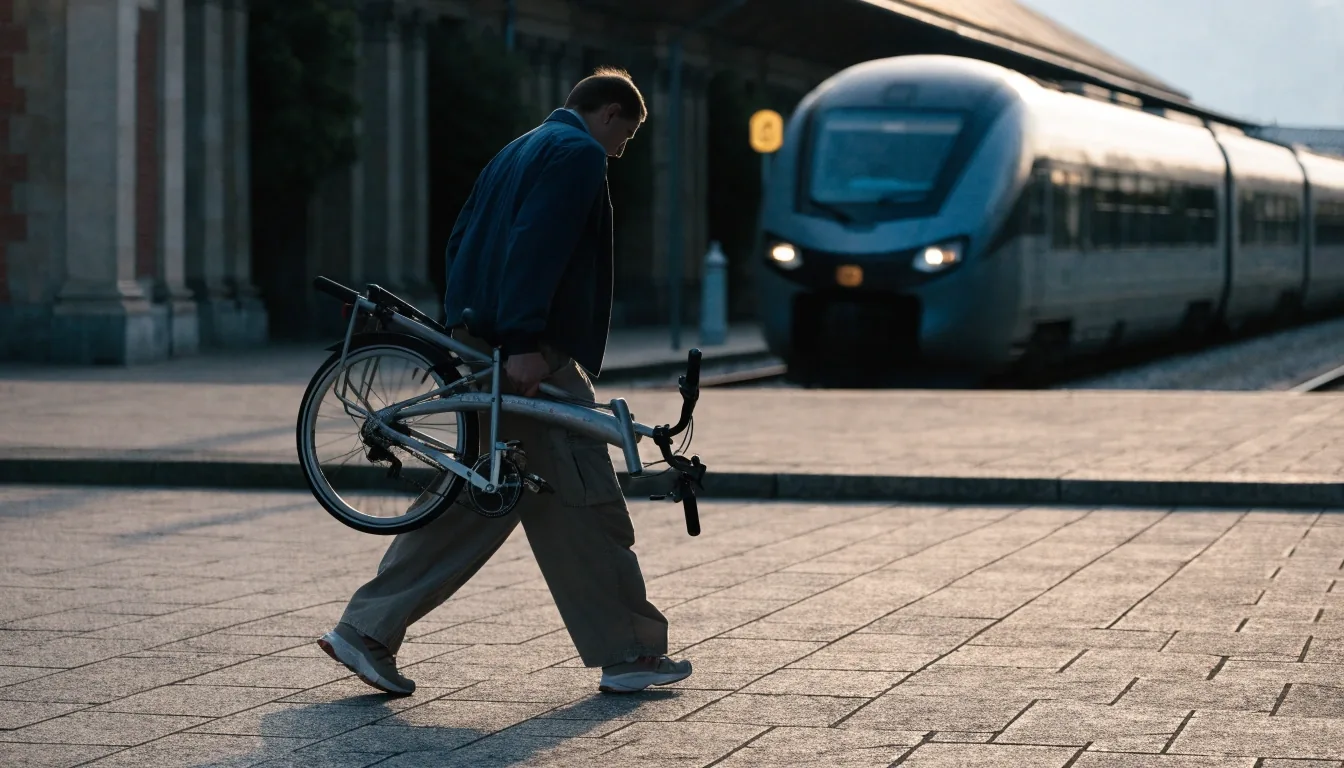 Pendler mit Faltrad vor einem Regionalbahnhof mit wartendem Zug