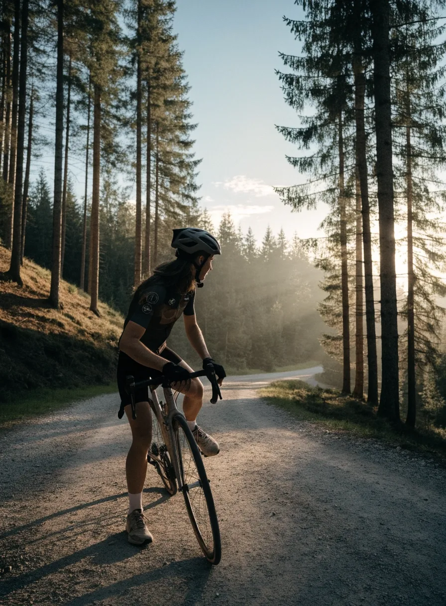 Radfahrer mit Kartenhalter am Lenker auf einem Schotterweg im Wald