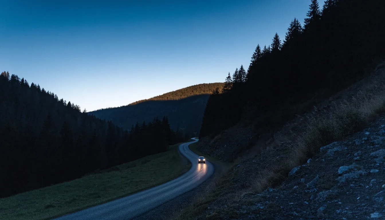 Abendliche Landstraße in einem österreichischen Tal mit fernem Scheinwerferlicht