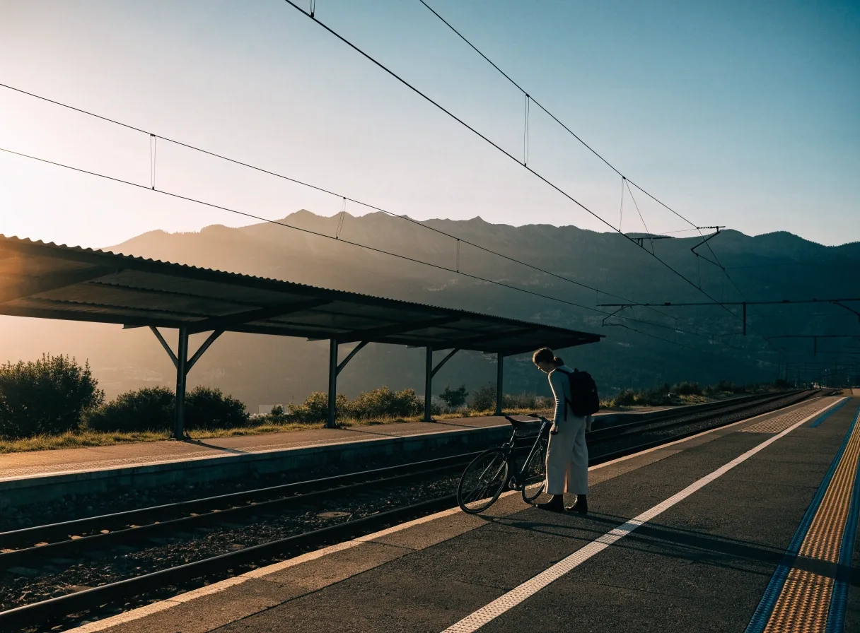 Bahnsteig in Österreich am frühen Morgen mit Reisendem und Fahrrad