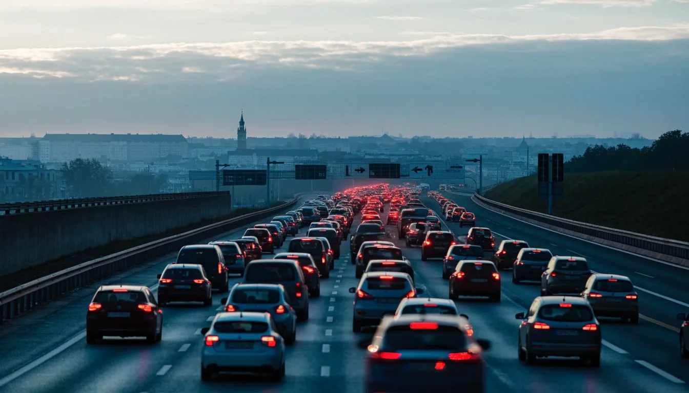 Dichter Morgenverkehr auf einer österreichischen Autobahn mit leuchtenden Bremslichtern