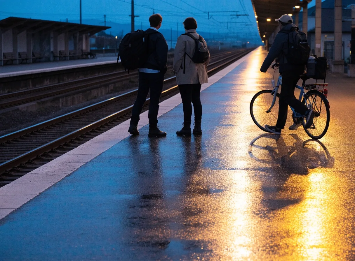 Bahnsteig eines österreichischen Regionalbahnhofs in der Abenddämmerung mit wartenden Pendlern und einem Radfahrer
