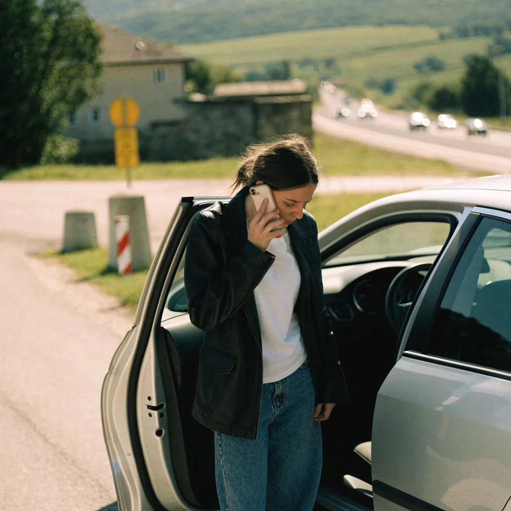Hände mit Smartphone und aufgefalteter Karte auf einem Rastplatz an der Autobahn