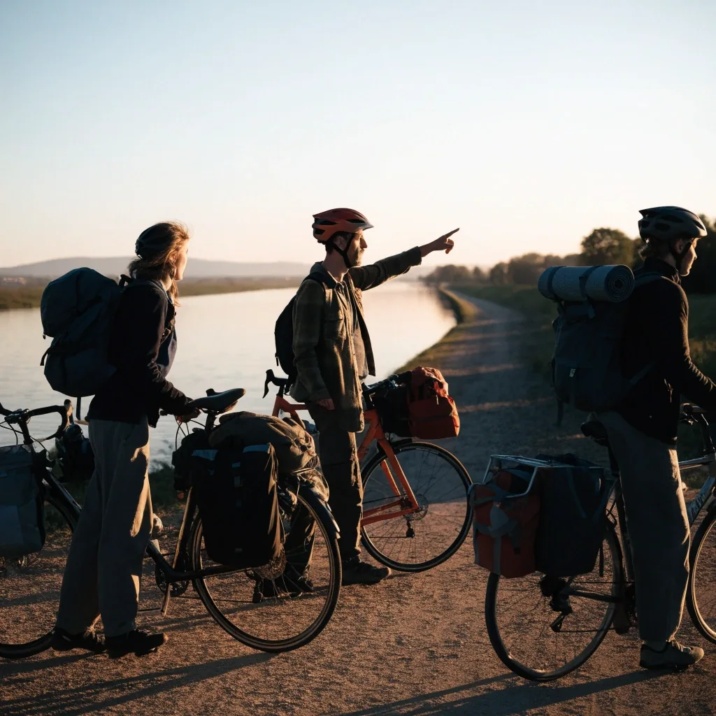 Radfahrergruppe mit bepackten Rädern auf dem Donauradweg im Abendlicht