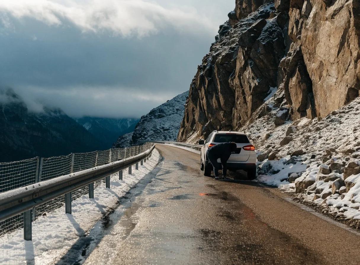 Alpenpassstraße in Österreich bei winterlichen Verhältnissen mit Schneeresten an den Felswänden