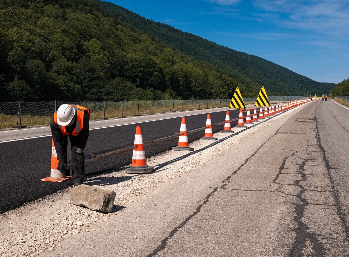 Baustellenabschnitt auf einer österreichischen Autobahn mit Sperrgittern und Pylonen
