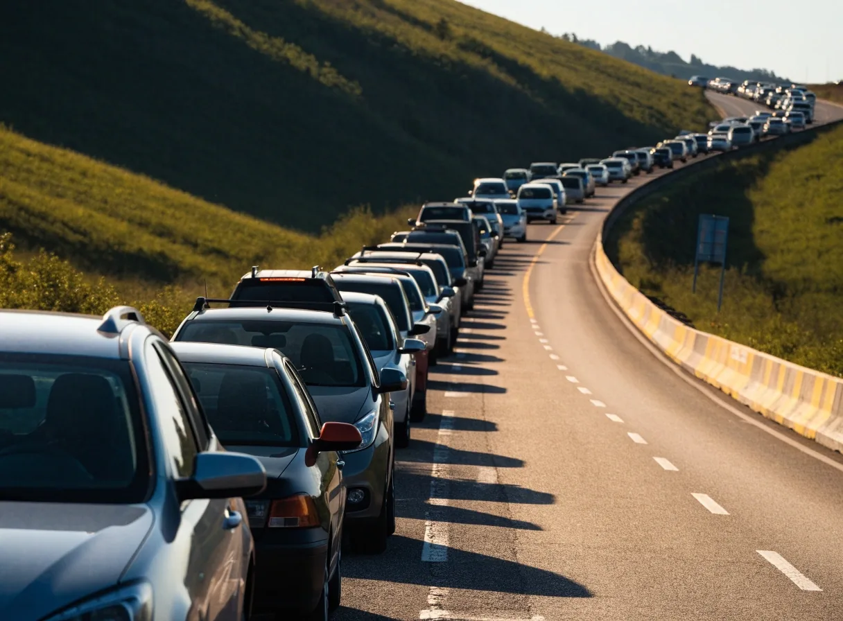 Dichte Fahrzeugkolonne auf einer österreichischen Autobahn am späten Nachmittag