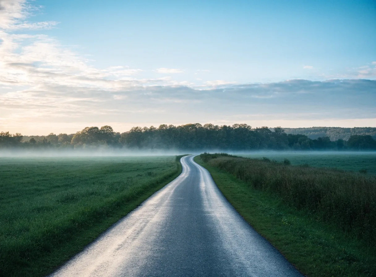 Leere Landstraße in Österreich im ersten Morgenlicht mit leichtem Nebel über den Feldern